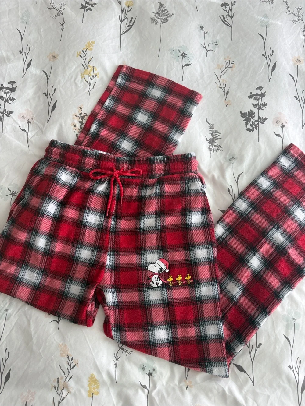 Peanuts Red Black White Plaid Fleece Pajama Bottoms with Snoopy Embroidery